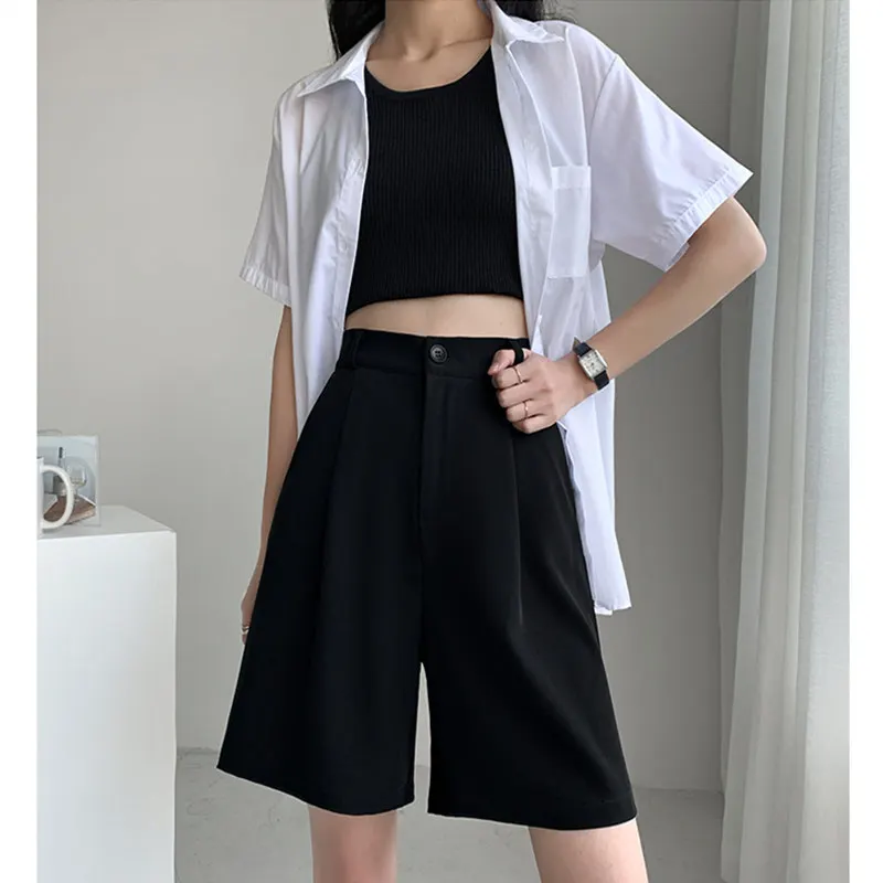 Korean-style Shorts Women Summer Button Knee-length Black Wide-leg Suit Shorts High Waist Women\'s Shorts A-Line Suit Short Pants