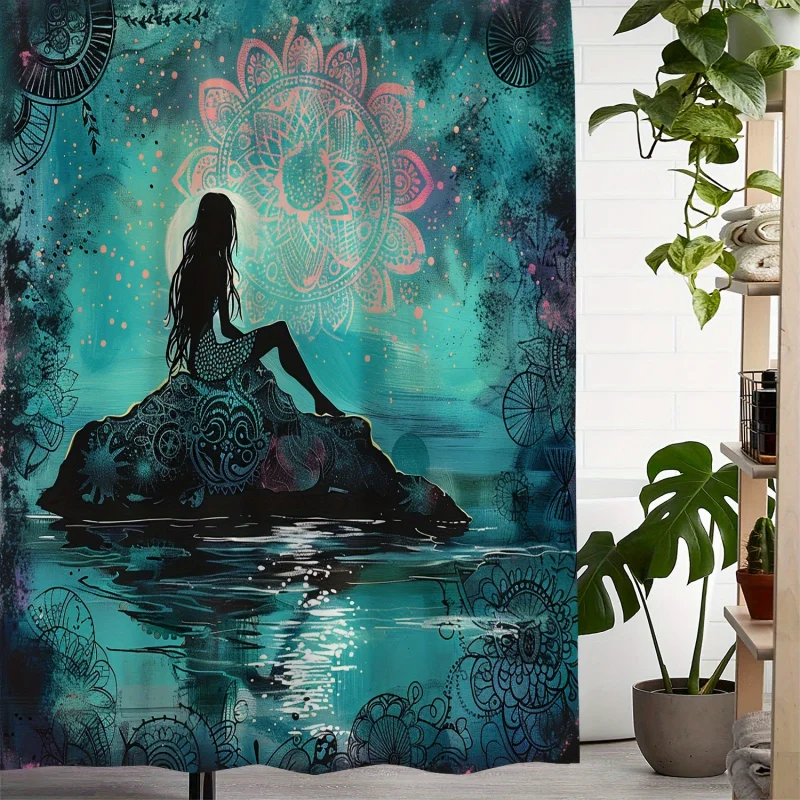 One Piece Retro Reef Girl Mandala Pattern Printed Waterproof Shower , with 12 Hooks Curtain for Windows