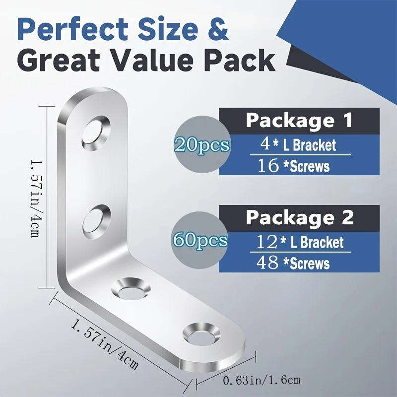 Rustproof Right Angle Bracket Set,，2 Options:20Pcs(4 Brackets+16 Screws)/60Pcs(12 Brackets+48 Screws), for Wooden Furniture