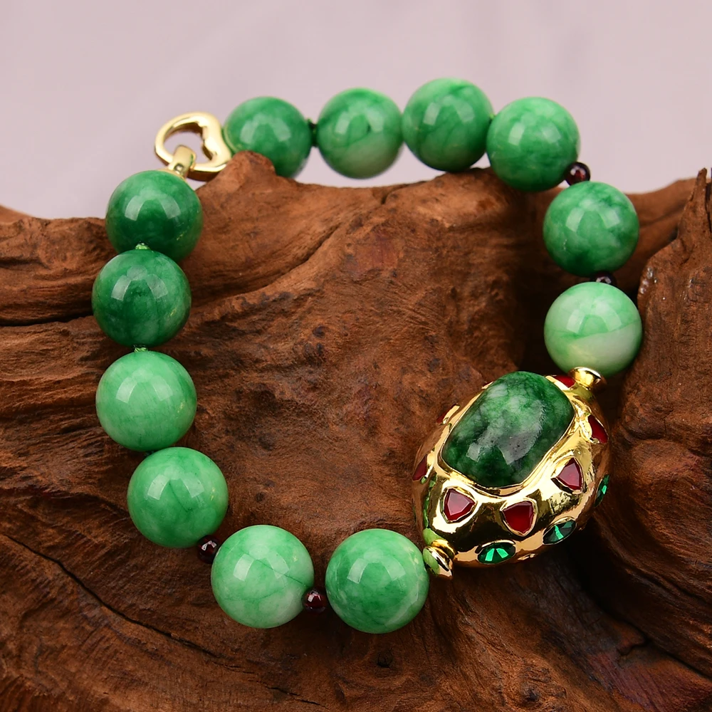 

G-G 9-дюймовый браслет из натурального зеленого яшмового камня с позолоченными кристаллами и нефритовыми вставками для женщин