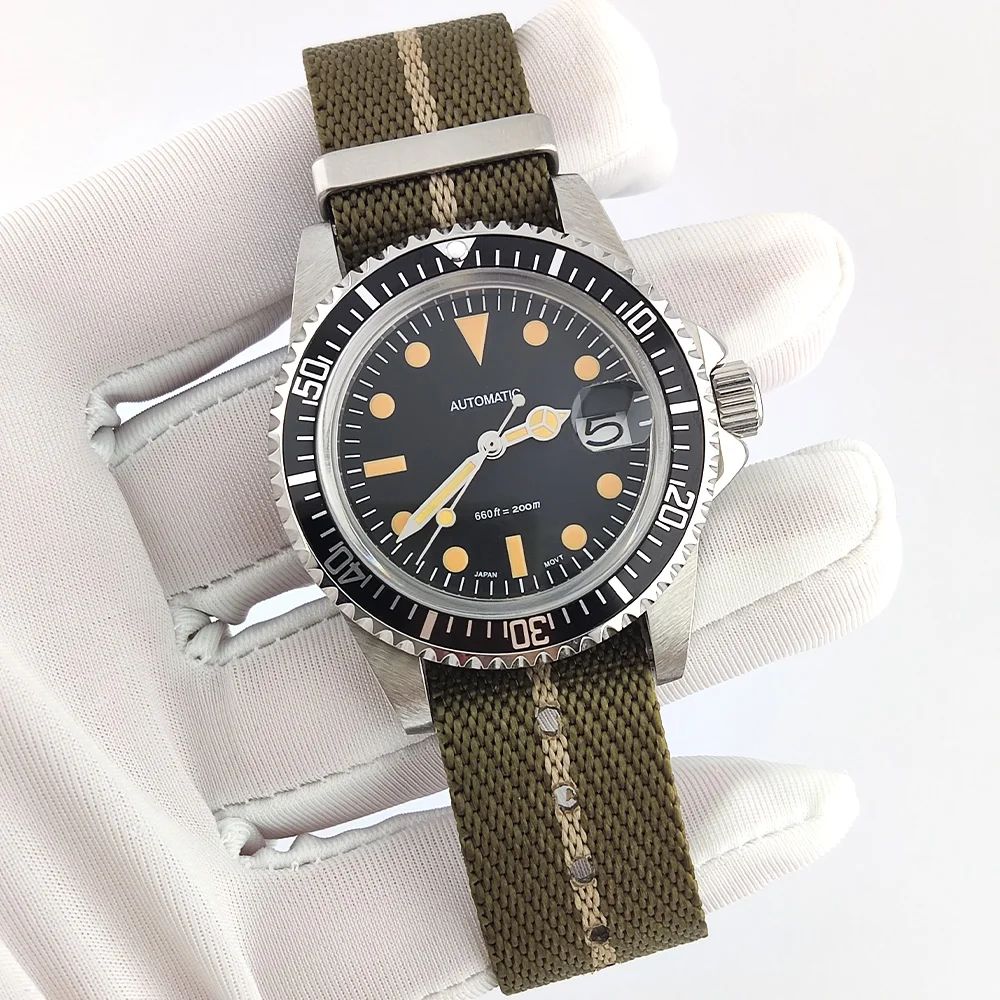Montre NH35 39mm, montre classique rétro noire, acier inoxydable, verre saphir avec loupe, bracelet en nylon imperméable, montre NH35