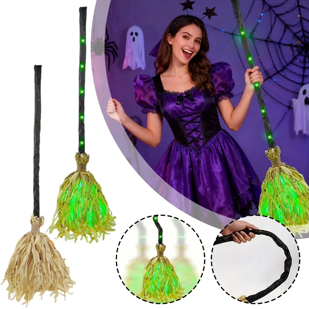 Glowing Animated Dancing Witch Broom with Sounds Movable Halloween Magic Witch Broomstick Walking Feet Bendable Stick