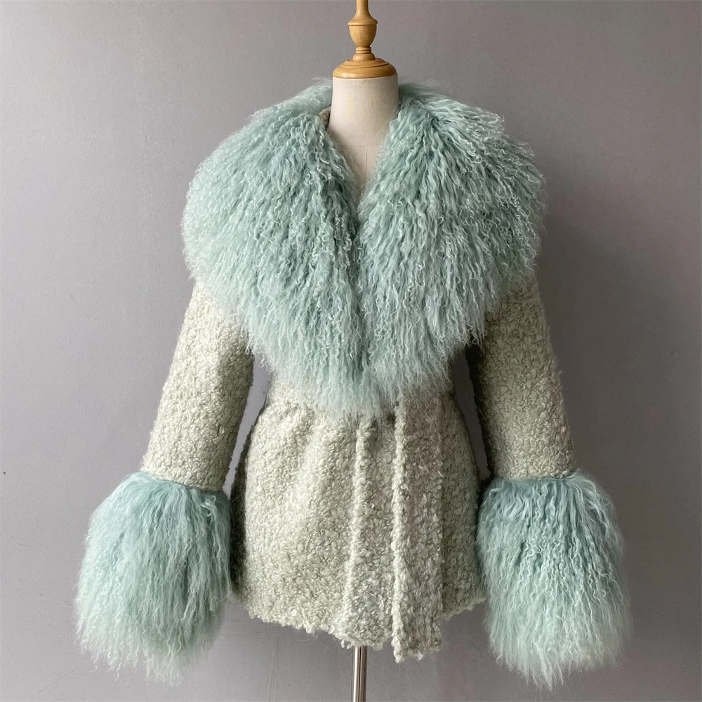 Jaxmonoy Woolen Coat with Real Mongolian Sheep Fur Women Winter Coats 2024 Autumn Fashion Ladies Wool Jacket with Belt Elegance