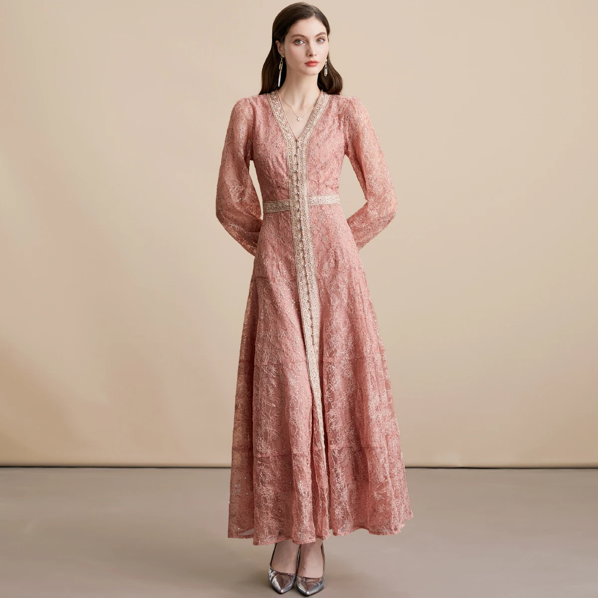 Vestidos largos elegantes de encaje para fiesta de graduación para mujer, vestido bordado de cintura alta con cuello en V y manga acampanada, moda femenina