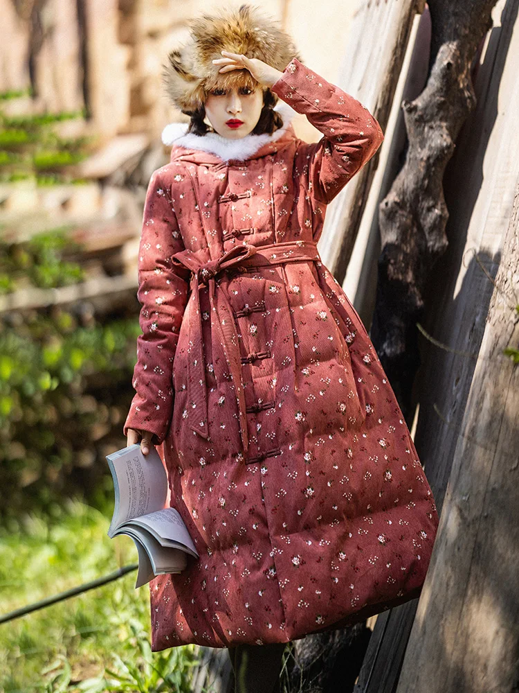 

Women's Corduroy down Jaet Hooded Mid-Length Winter Coat White Du Feather Cotton Outerwear Sli Commute Vintage