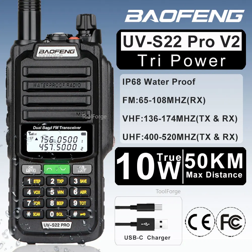 2025 Baofeng UV-S22 PRO V2 IP68 Waterproof 10W Power Walkie Talkie Type-C Charger Powerful UHF VHF Long Range UV-9R Plus Radio