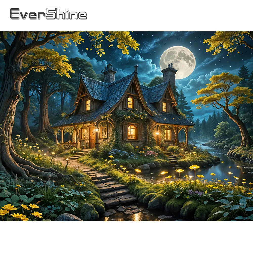 EverShine Vollbohrer Diamant Stickerei Landschaft 5D DIY Kit Malerei Haus Strass Mosaik Wald Stich Mond Wand Dekor
