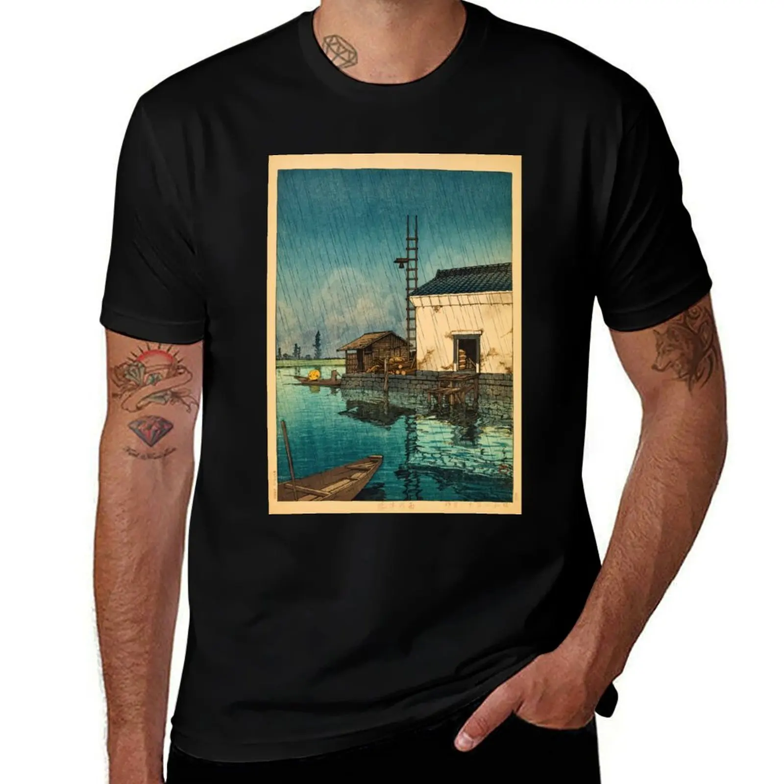 

Ame no Ushibori (Ushibori in Rain) by Hasui Kawase Rainy Landscape Poster Japandi Wall Art Peaceful Nature Decor T-Shirt