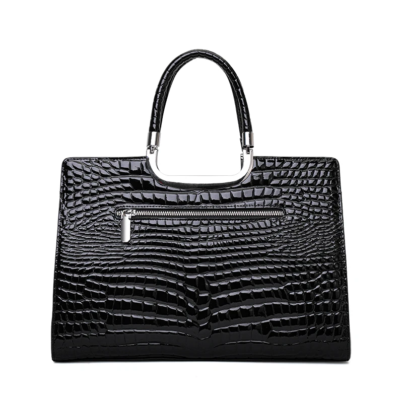 Aidrani Genuine Cowhide Croc Pattern Handbag, Women Glossy Top Handle Tote Bag,Large Capacity Satchel Purse for Business Commute