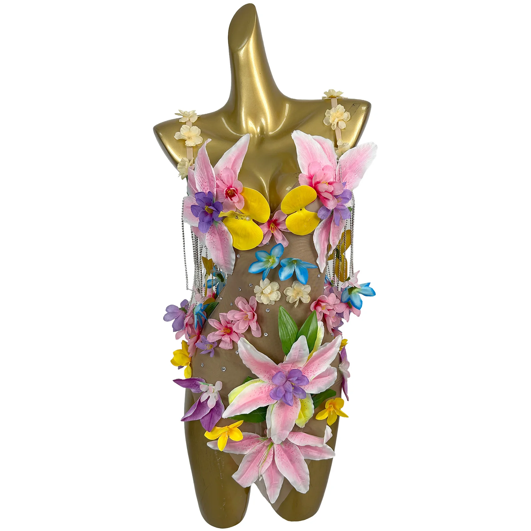 Xianhua Luxury Multicolor 3D Floral Appliques Short Gown Nude Mesh Tassel Chain Sling Dancer Performance Outfit