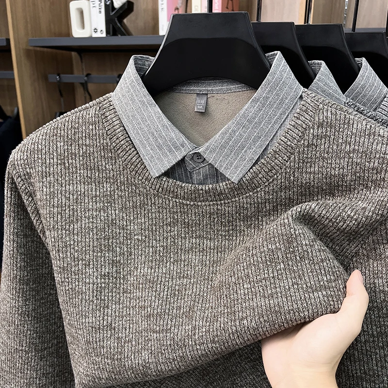 High Quality fake two piece men's sweater luxury knitted new fashion striped shirt collar comfort warm autumn winter pullover