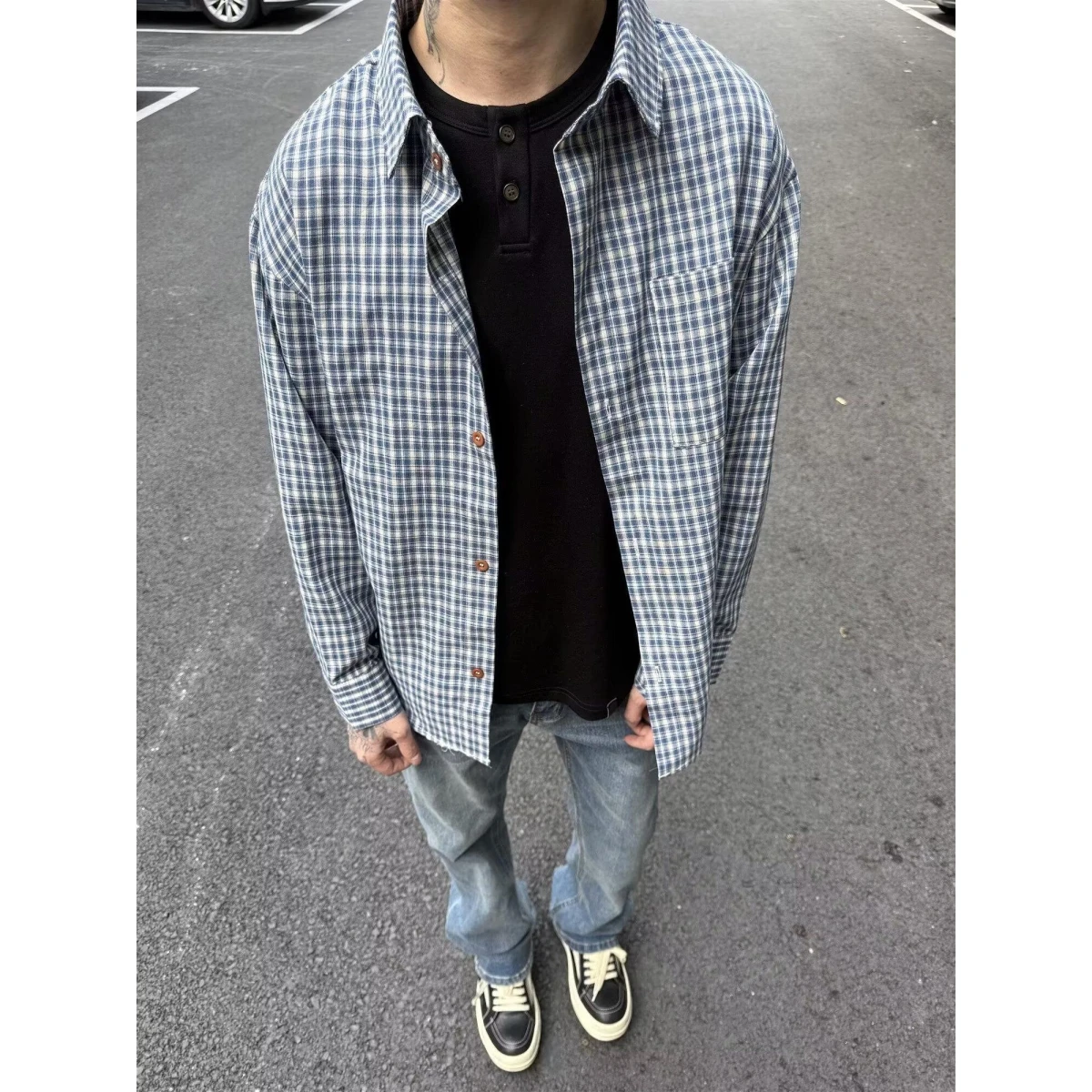 

Cleanfit Blue Plaid Long Sve Men's irt Spring Autumn American Retro Couple's Cheered Lazy Sle Outerwear