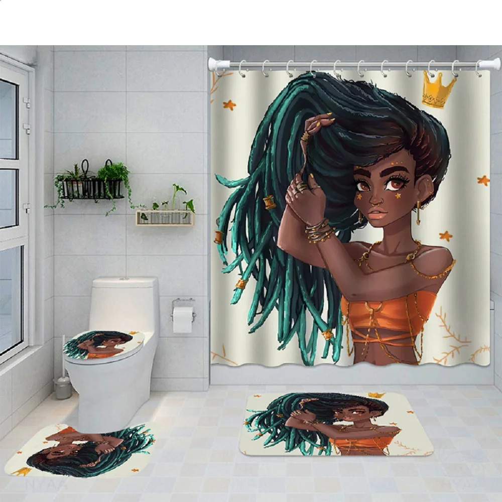 African Women Shower Curtain Set Non-Slip Rugs Toilet Cover Bath Mat Girl Inspiration Quote Design Bathroom Decor Bath Curtains