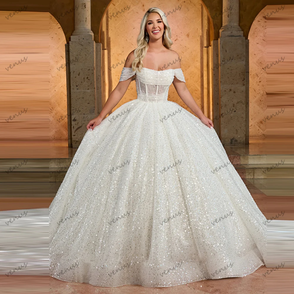 

Gorgeous Wedding Dresses Glitter Bridal Gowns A Line Tulle Tiered Robes Off The Shoulder Princess Vestidos De Novia Customized