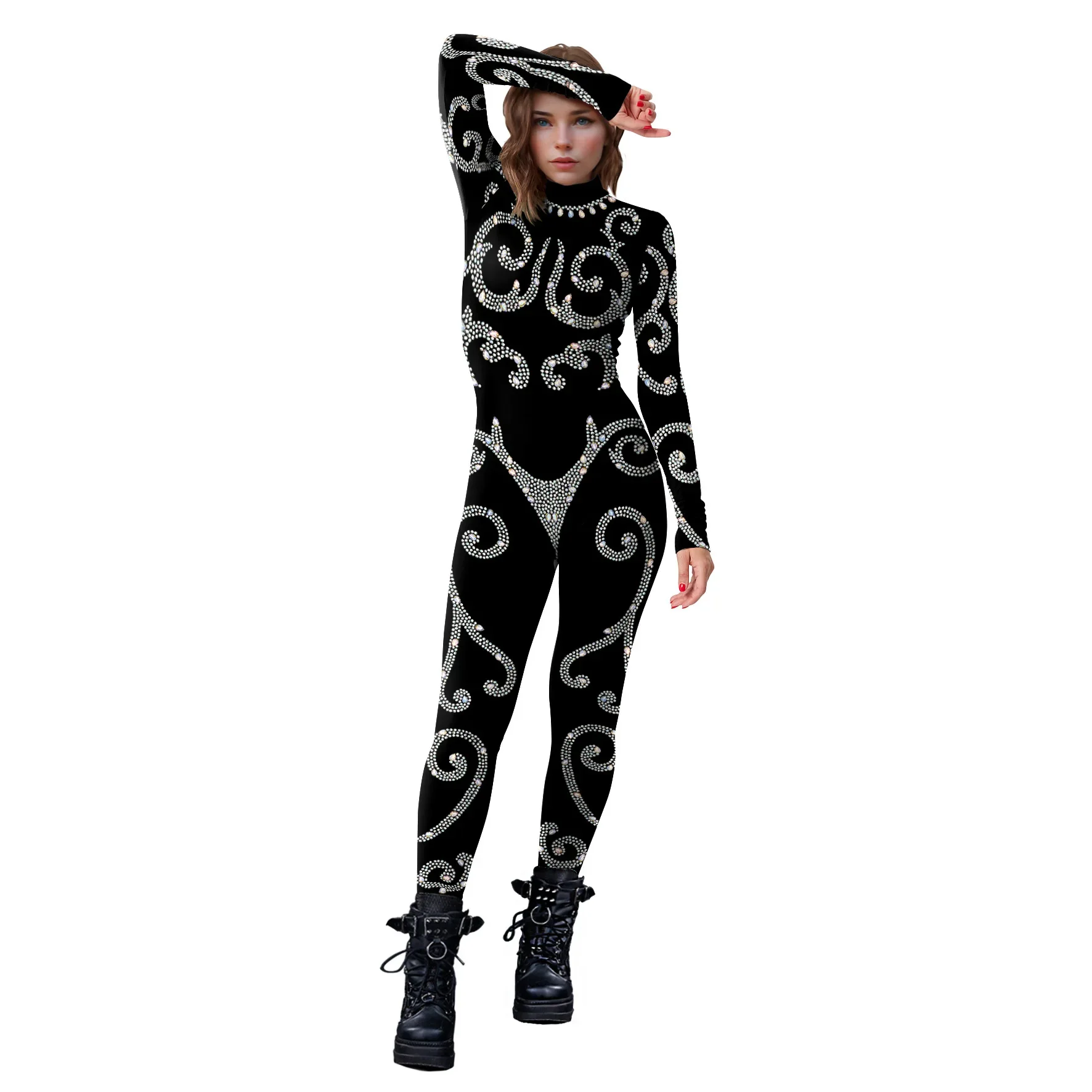 Zentai Sexy Women Colour Skin Diamond Pattern Slim Jumpsuit Cosplay 3D Printing Bodysuit Halloween Party Fancy Costume