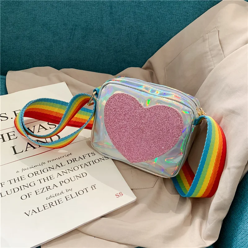 Borse laterali versione coreana per ragazze 2023 nuova borsa quadrata piccola con paillettes in pelle borsa a tracolla con cinturino arcobaleno per ragazze Bling scintillante