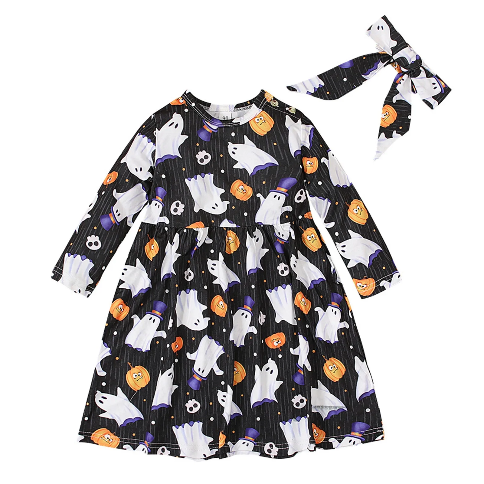 1 2 3 4Y Halloween Toddler Infant Kids Baby Girls Dress Ruffle Pumpkin/Ghost Print Long Sleeve Dresses For Girls Xmas Costumes