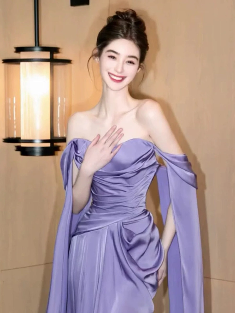 Purple Satin Cocktail Dresses Off the Shoulder Ribbon Mermaid Pleated Cocktail Formal Occasion Performance Woman Evening Gowns