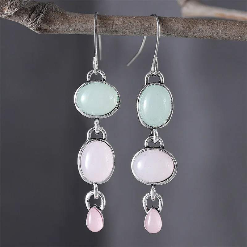 DIY accessories Cross-border European and American retro simple oval pink and green opal earrings, personalized geometric asymme