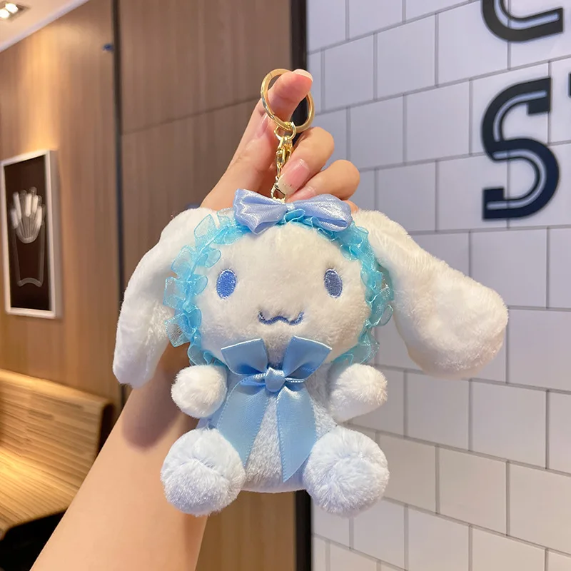 Carino Sanrio Peluche Anime Cinnamoroll Kuromi My Melody Fascia in pizzo Portachiavi bambola Kawaii Peluche Borsa Charms Chiave Catena squisita