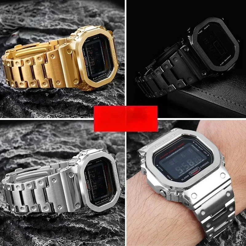 New Modified Suit watchband For Casio G-SHOCK DW5600 GW-B5600 GWM5610 Stainless steel metal Bezel watch case + strap Repair Tool