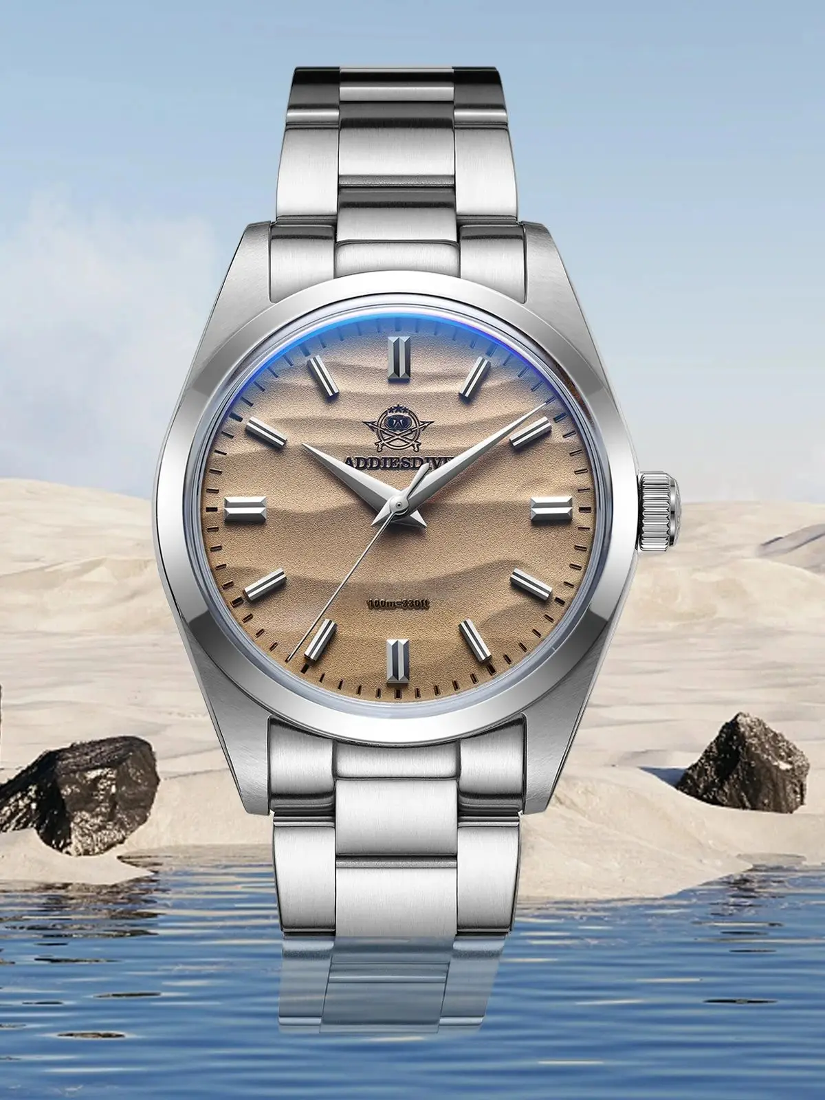 ADDIESDIVE Bestseller Herren-Quarzuhr mit 3D-Wüstenfarben-Zifferblatt, Japanisches Uhrwerk, 100m Wasserdicht, Edelstahlgehäuse, K1 Mineralglas, Business-Quarzuhr