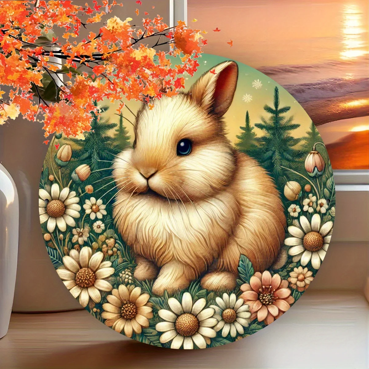 ديكور حائط من الألومنيوم على شكل أرنب وأزهار ساحرة مقاس 8 × 8 بوصة - مقاوم للماء والغبار وسهل التعليق - مثالي للمنزل والمقهى والبار - متين #3