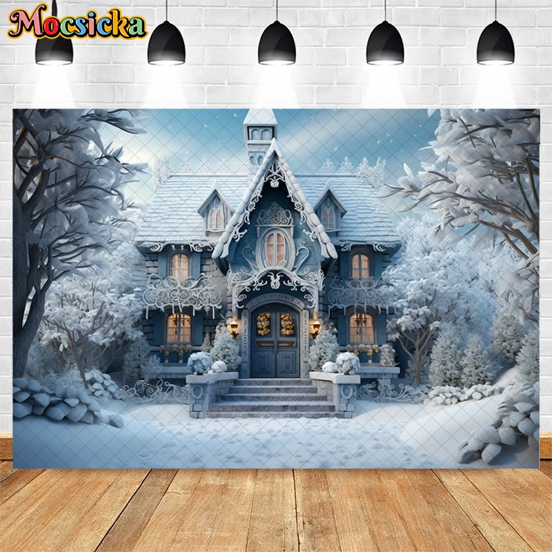 Mocsicka Winter Christmas Background Photography Castle House Snow Xmas Tree Kid Family Portrait Decor Backdrop Photo Studio
