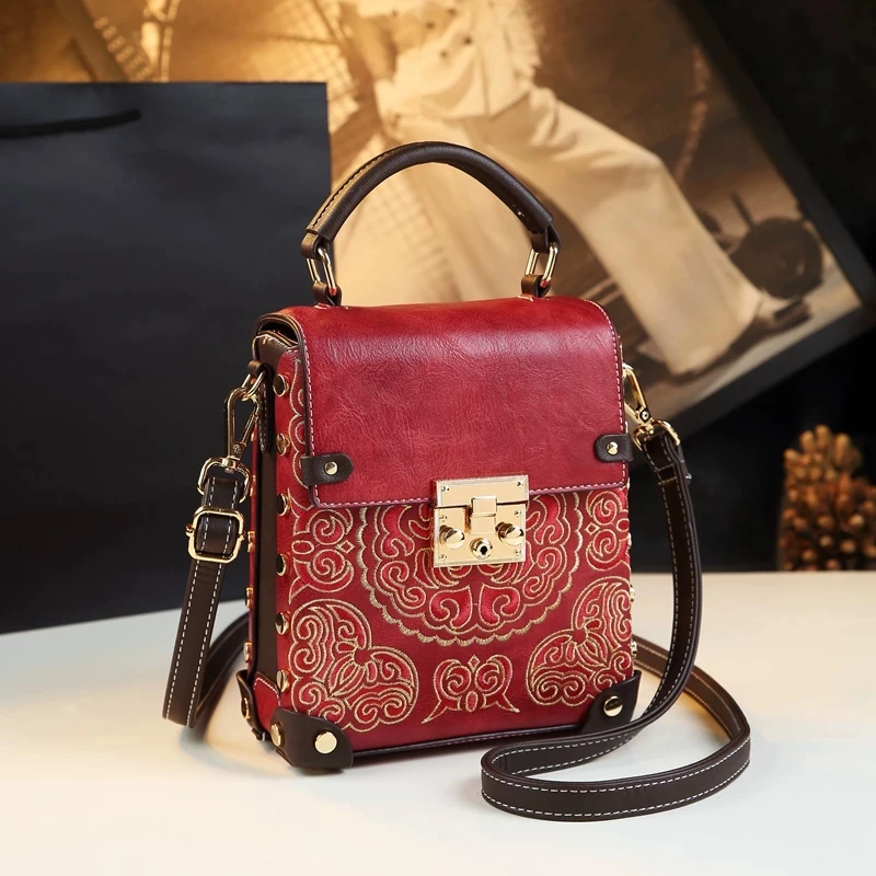 Traditional Style Genuine Leather Bag Retro and Versatile Lock Closure High-end Single Shoulder Crossbody Bag Trendy Square Bag