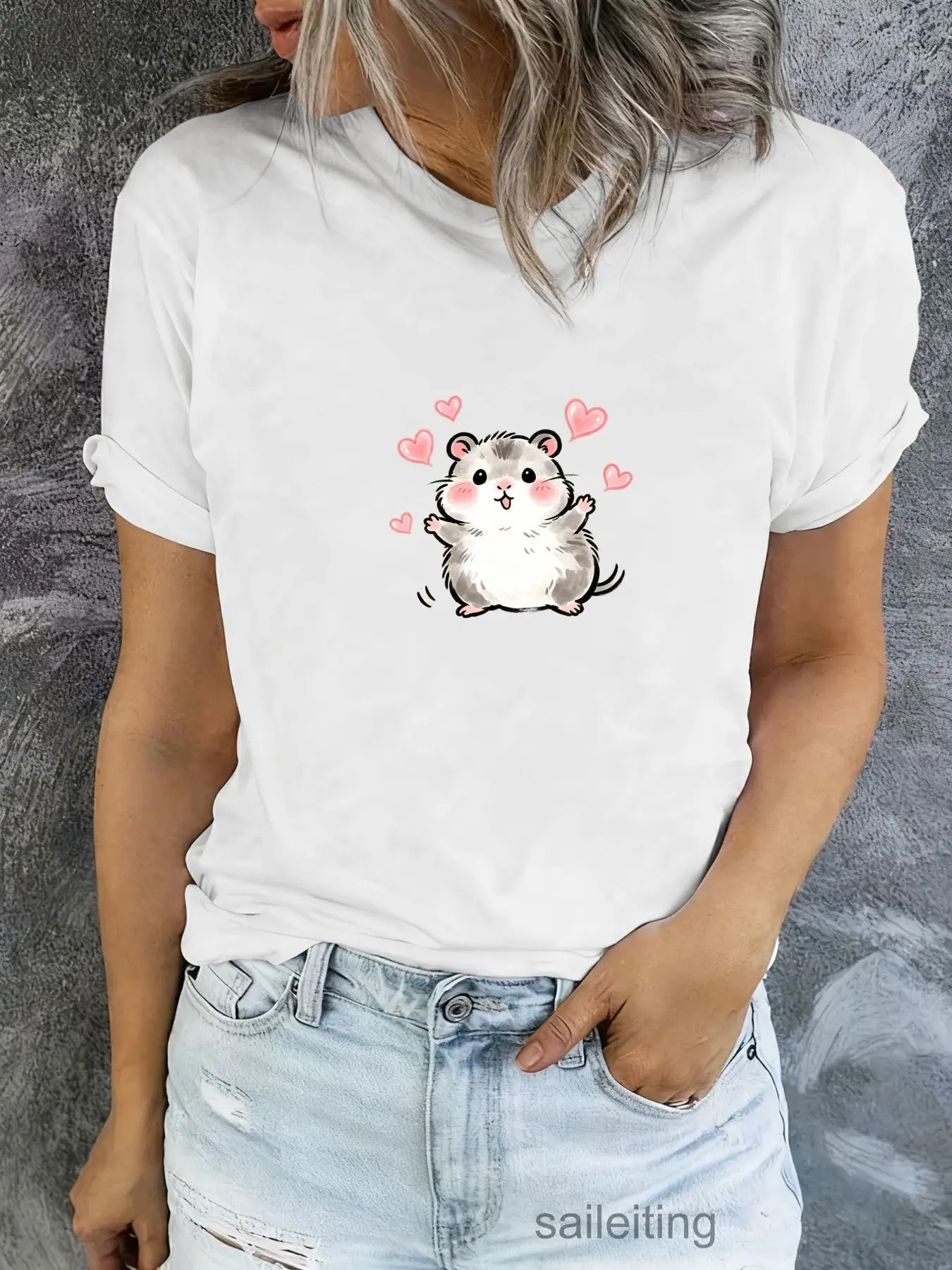 Cute Fluffy Hamster Cartoon T-Shirt Women Summer Breathable Short Sleeve Tee with Pink Hearts - Soft Casual Top for Mom Daugh