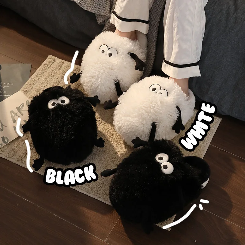 Funny Coal Ball For Women Cute Cotton Slippers Girls Home Winter Slipper 2023 Men Fluffy Fur House Slides Shoes