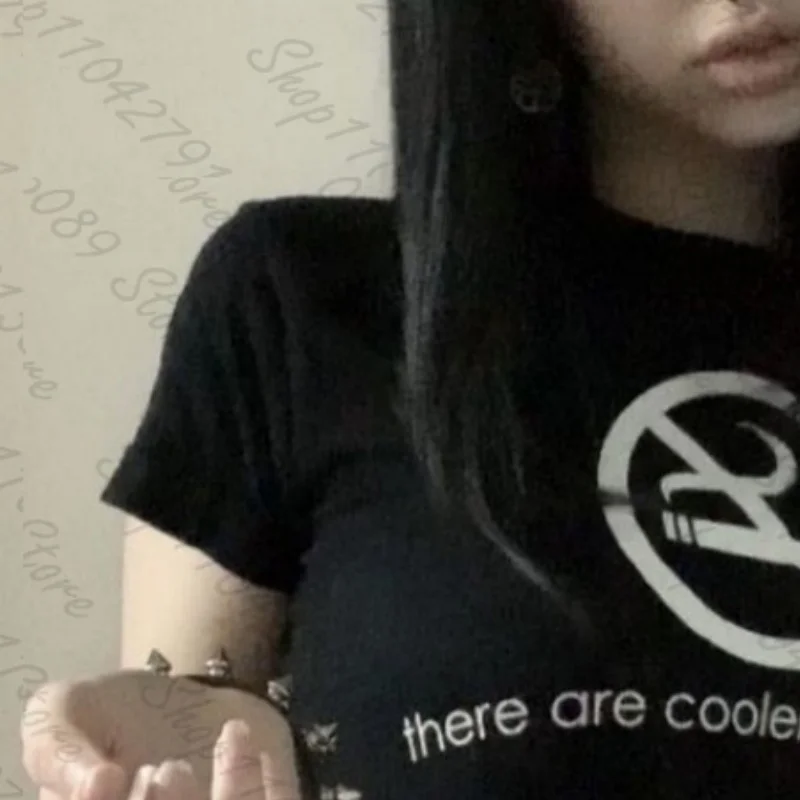 Y2k Style Goth Letter Print Vintage Street Women Grunge T-shirt Clothes Aesthetic 2000s Tops Cute Emo Girl Crop Slim Baby Tee image 5