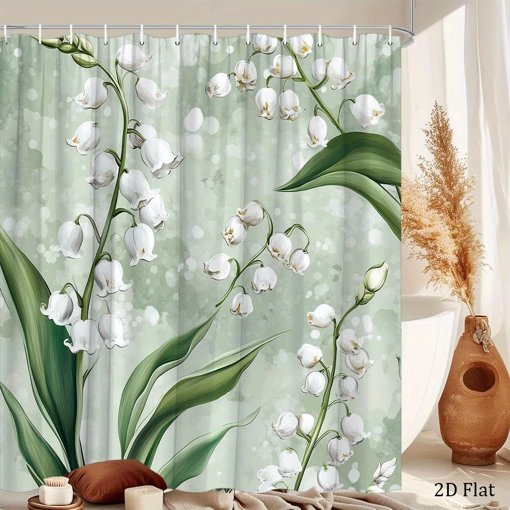 2D Flat, 1pc 2D Flat Lily Shower Curtain with Drooping White Petals, Green Leaves, Soft Watercolor Green Background, Elegant And