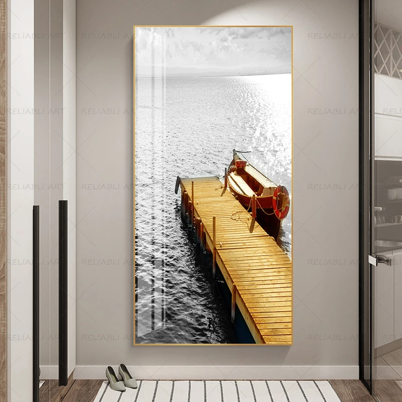 Yellow Bridge Boat Posters And Prints Landscape Canvas Entrance Painting Wall Art Pictures for Living Room Modern Home Decor