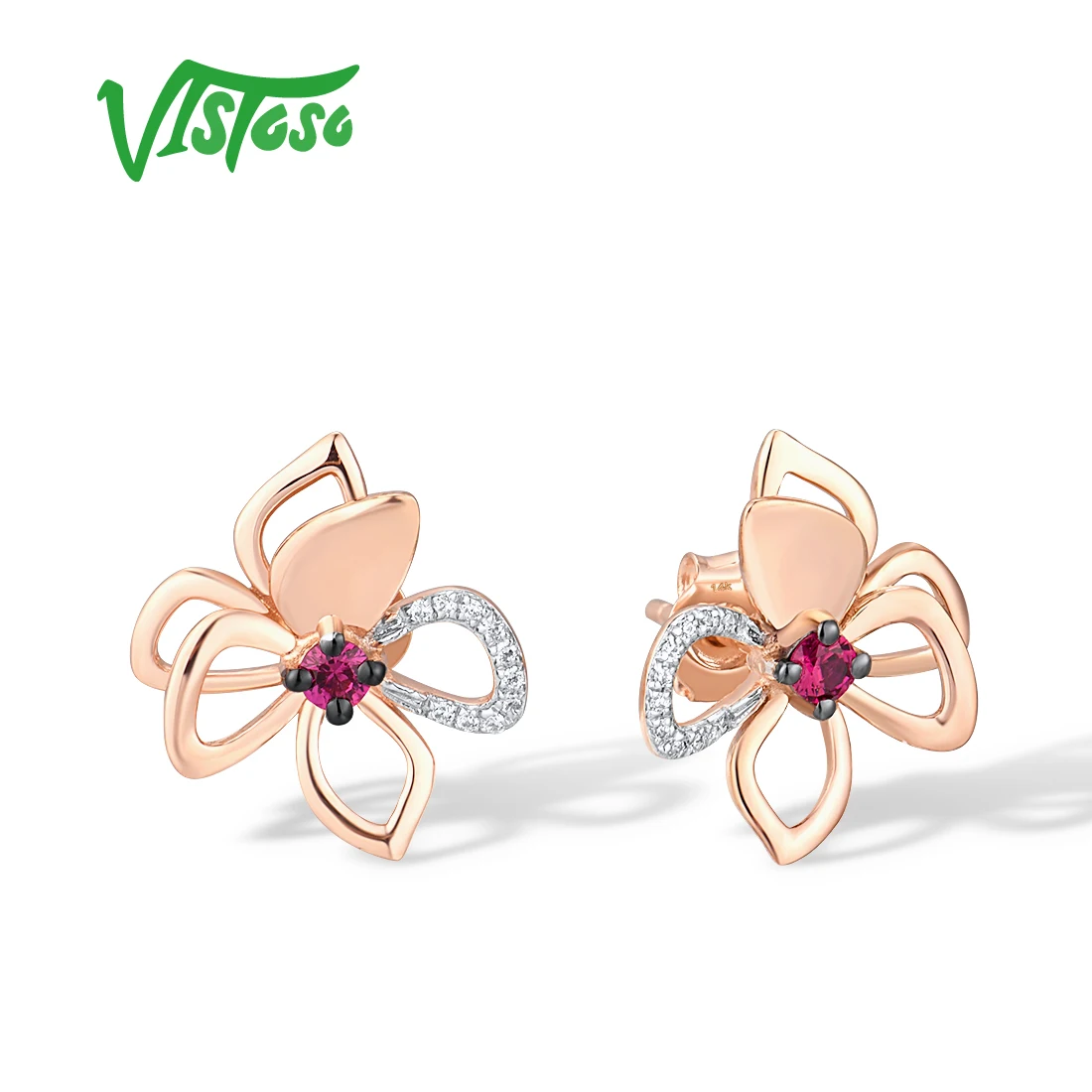 VISTOSO Genuine 14K 585 Rose Gold Stud Earrings For Women Natural Ruby Diamond Delicate Flower Wedding Party Gifts Fine Jewelry