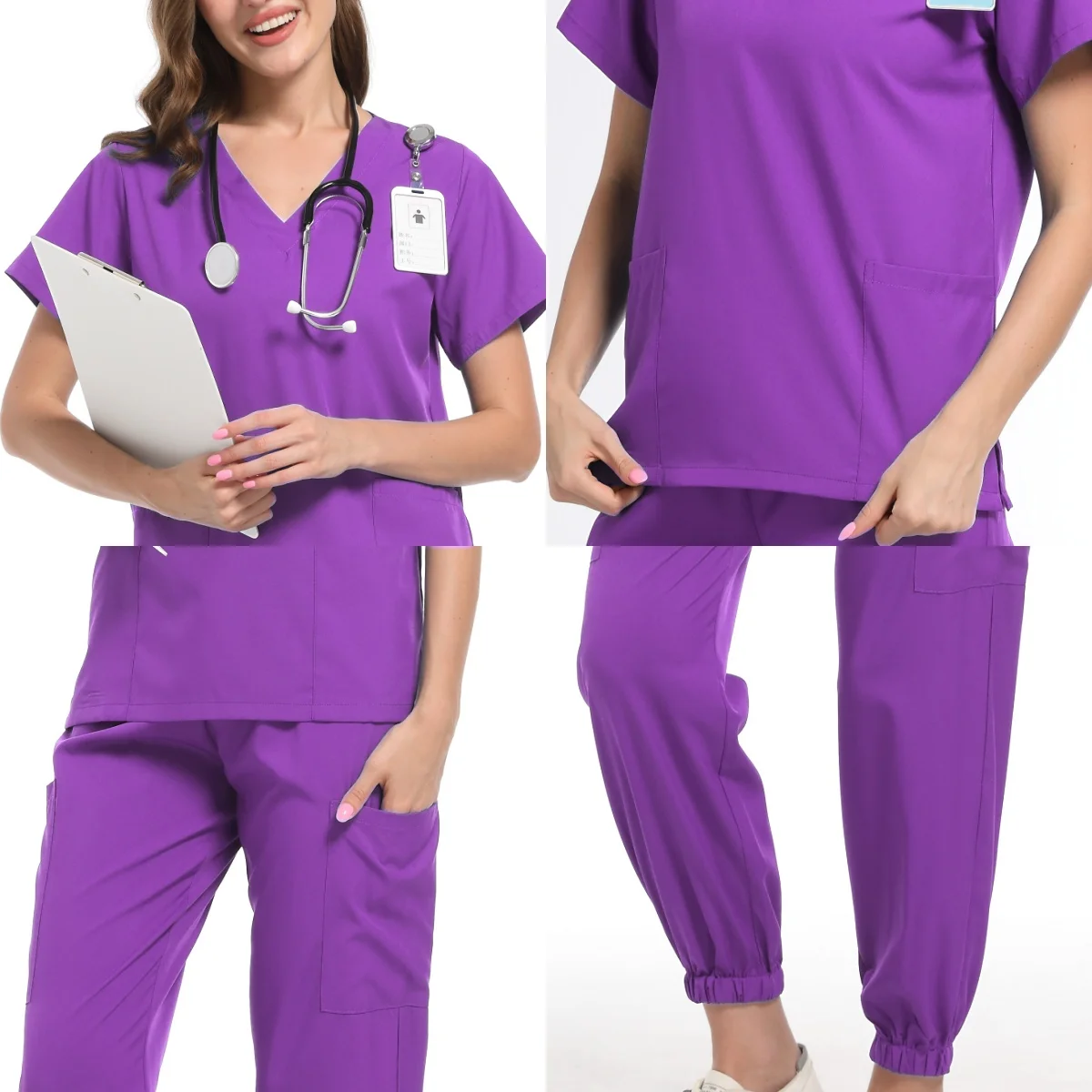 Medizinisches Zubehör Frauen elastische Peelings Uniform Sets Krankenhaus OP-Kleider Kurzarm Tops Jogger hose Anzug Arzt Kleidung