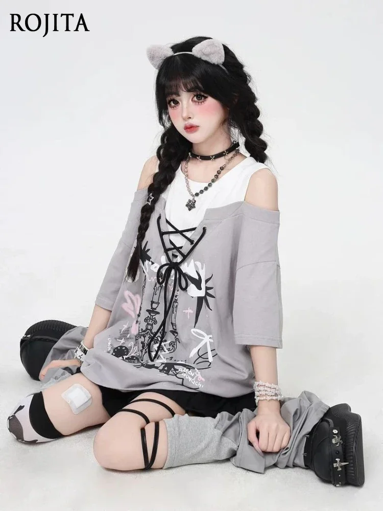 

Subculture Y2K Top Hot Girl Short Sleeve Summer Japanese Off Shoulder Sweet Cool Loose T-Shirt Women Printing Casual T-Shirts