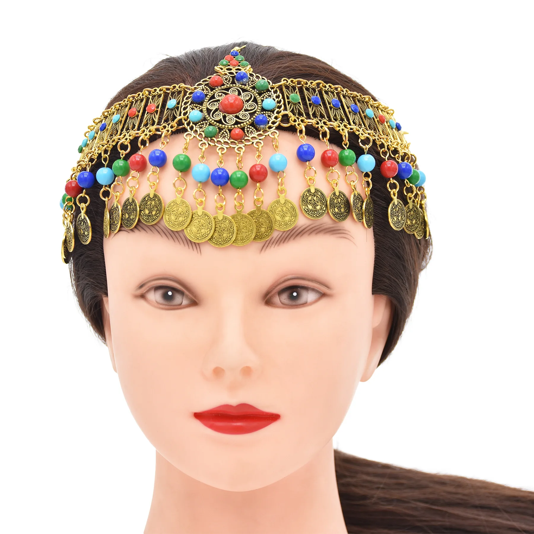 Gypsy Colorful Beads Coins Ethnic Head Chain Hair Accessories Vintage Gold Color Hollow Carved Hair Clip Afghan Moroccan Jewelry