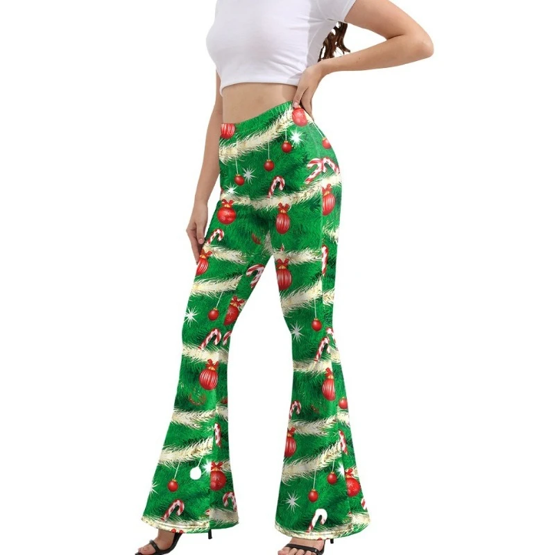 Pantalones navideños para mujer, pantalones acampanados con estampado de caramelo verde, pierna acampanada, fiesta, moda, arte digital, pantalones de pierna ancha