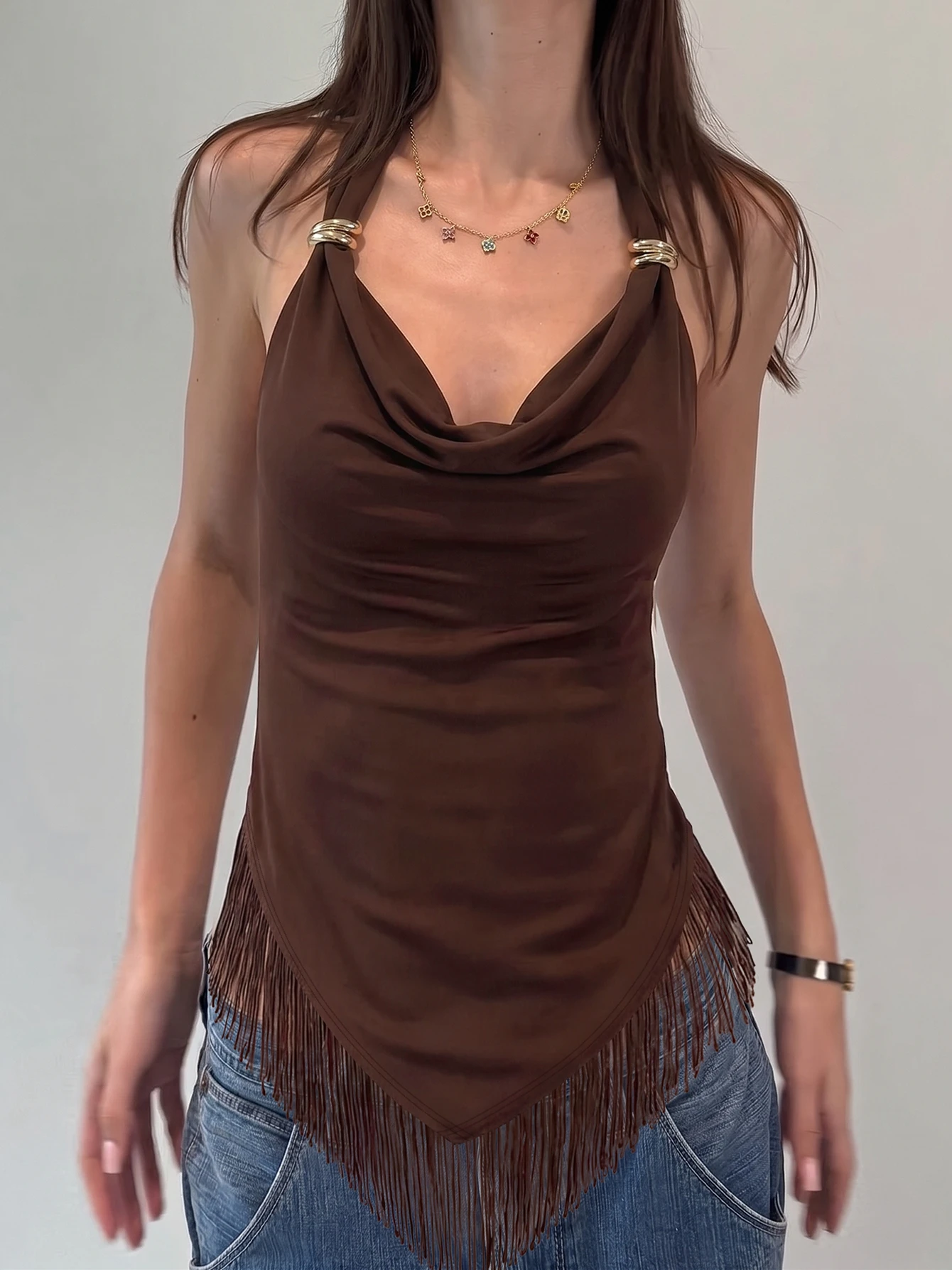 Hugcitar Women Fashion Swing Collar Halter Metal Decoration Tassel Sexy Crop Tank Top Summer Female Top Party Beach Vacation