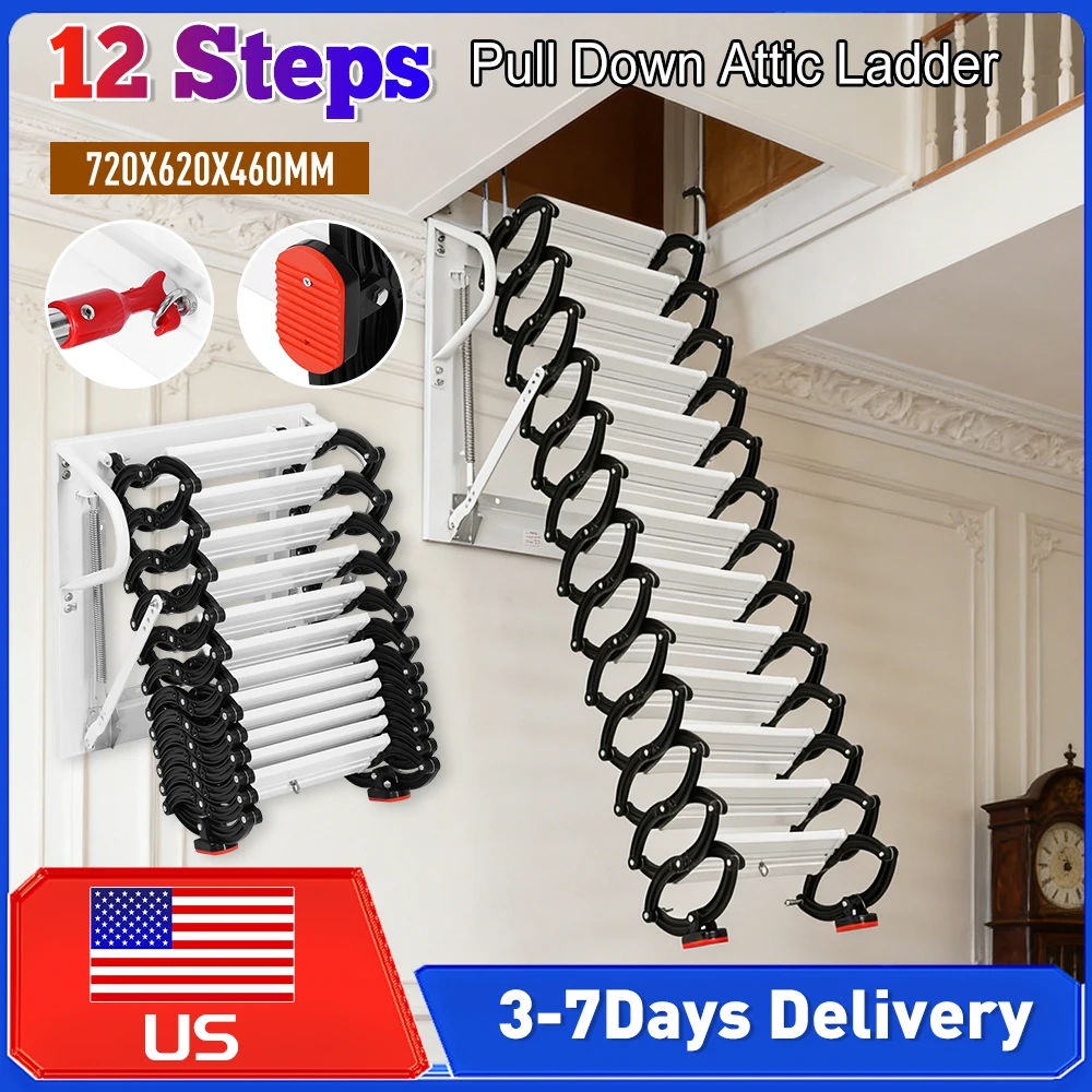 

11.2ft Attic Ladder 12 Step Pull Down 600lbs Capacity Retractable Attic Stairs Anti-Slip Steps Folding Ladder for Indoor Outdoor