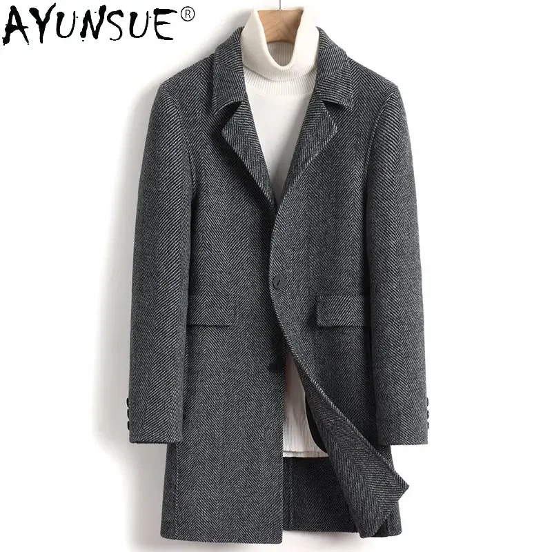 

Mens Jacket Men's Autumn Winter Double-sided Wool Herringbone Pattern Woolen Coat Men Thick Medium Long Slim Abrigos Hombre FCY