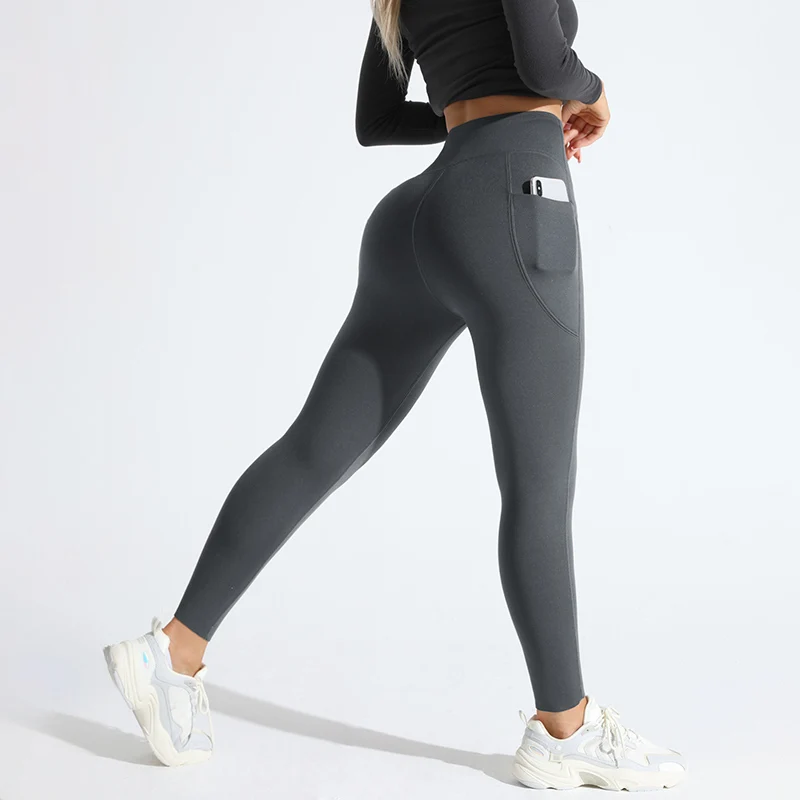 Pantalones de Yoga con bolsillo lateral para mujer, mallas deportivas de entrenamiento para Pilates adelgazantes con sensación desnuda, mallas gruesas de lana para invierno