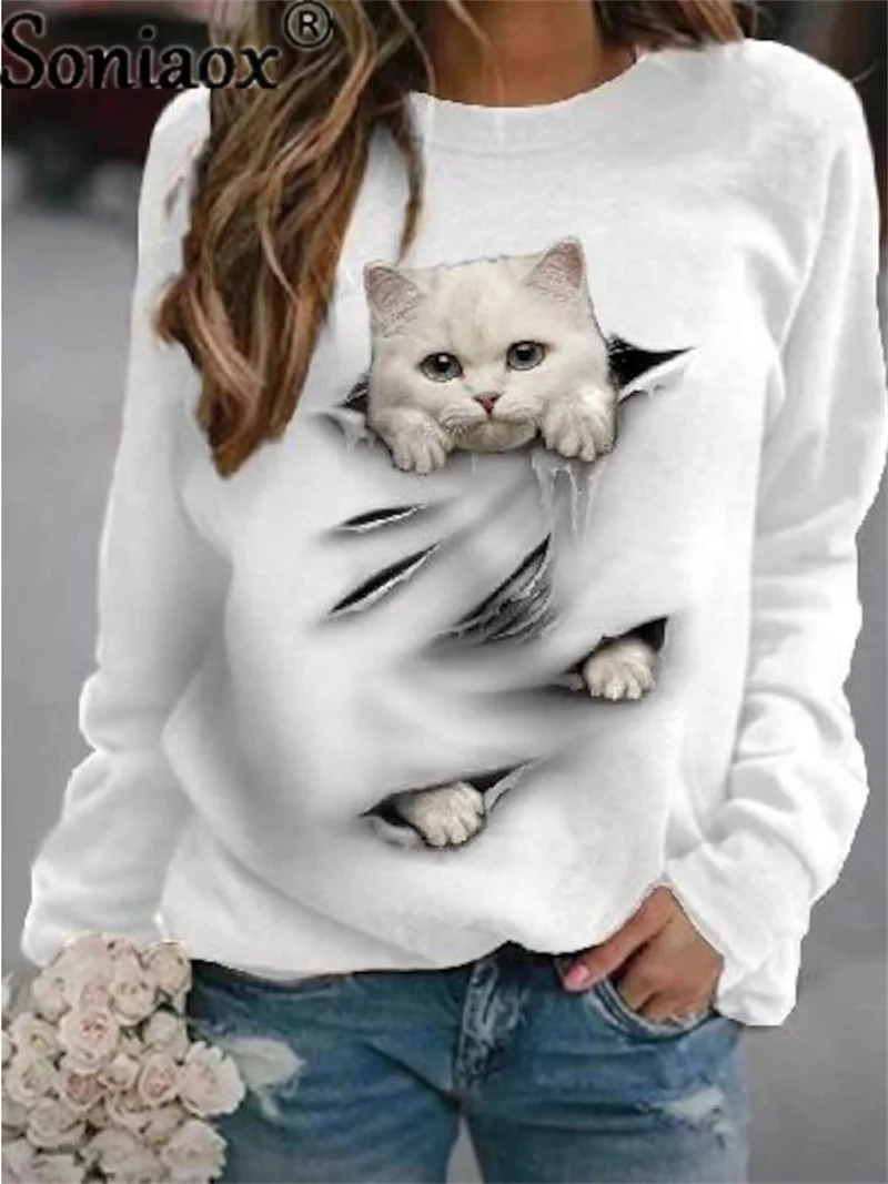 Autumn Thin Hoodie Women 3D Printing Cute Cat Fashion Tops 2022 New Harajuku Animal Sweatshirt Long Sleeve Pullover Clothing