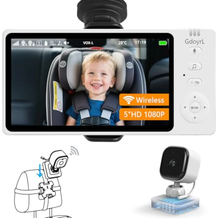 

Wireless Baby Car Camera 5 HD 1080P IPS Anti-Glare Screen USB Powered Temperature Alert Night Vision VOX Mode 360 Rotatable Rea