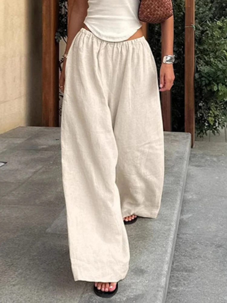 Pantalón holgado de lino y algodón para mujer, pantalón informal plisado con cintura elástica, pantalones de pierna ancha para mujer, pantalón liso para vacaciones de verano 2025