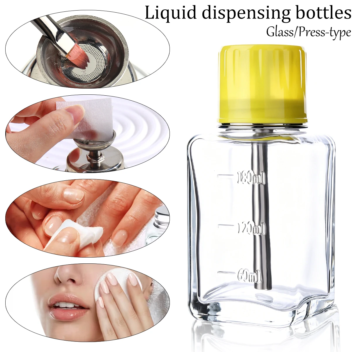 Glass Nail Pump Bottle 180ml Press Dispenser Lock Anti-Splash Stainless Steel Pump Jar For Nail Remover Reusable Liquid Storage