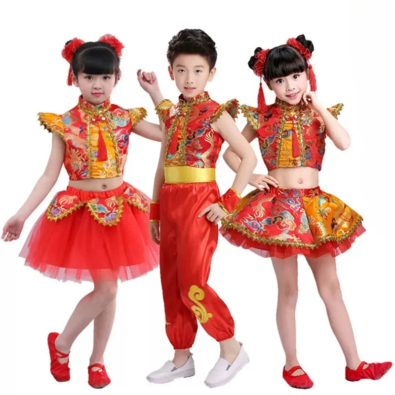 Chinese Traditional New Year Costumes Dragon Dance Kids Yngko Clothing Set Boy Girl Red Kungfu Wushu Tang Suit Hanfu Folk Dance