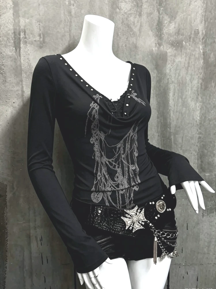Subculture Grunge Aesthetics Vintage Off Shoulder Tattoo Print T shirt Wasteland Punk Black Ribbed Knitted Gothic Chic Tops