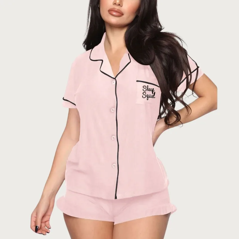 

2pcs Set Women's Summer Short Sleeve Shorts Pajama Set Casual Lapel Loungewear Soft Comfortable Sleepwear